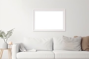 Blank horizontal poster frame mock up in minimal white style living room interior, modern living room interior background, Ai generative.