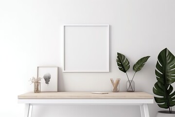Blank horizontal poster frame mock up in minimal white style living room interior, modern living room interior background, Ai generative.