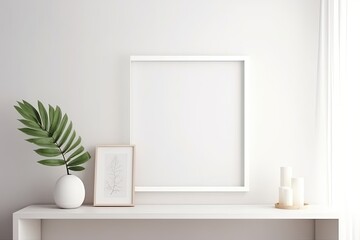 Blank horizontal poster frame mock up in minimal white style living room interior, modern living room interior background, Ai generative.