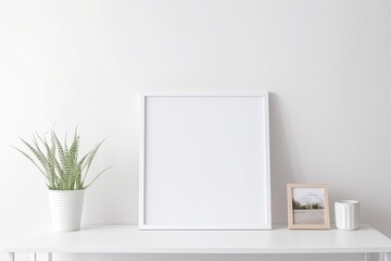 Blank horizontal poster frame mock up in minimal white style living room interior, modern living room interior background, Ai generative.