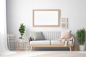 Blank horizontal poster frame mock up in minimal white style living room interior, modern living room interior background, Ai generative.