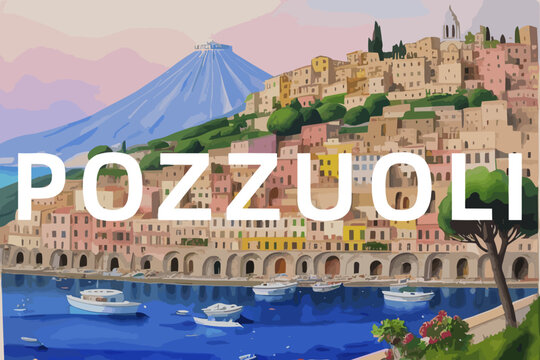 Pozzuoli: Beautiful painting of an Italian village with the name Pozzuoli in Campania