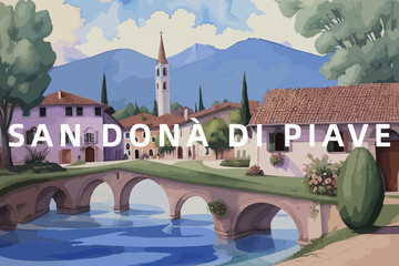 San Donà di Piave: Beautiful painting of an Italian village with the name San Donà di Piave in Veneto