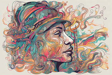 Colourful psychedelic line art with the abstract smoking woman. Cigarette