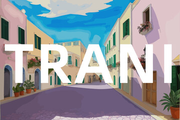 Trani: Beautiful painting of an Italian village with the name Trani in Puglia - obrazy, fototapety, plakaty