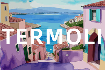 Termoli: Beautiful painting of an Italian village with the name Termoli in Molise - obrazy, fototapety, plakaty