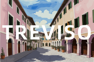 Treviso: Beautiful painting of an Italian village with the name Treviso in Veneto