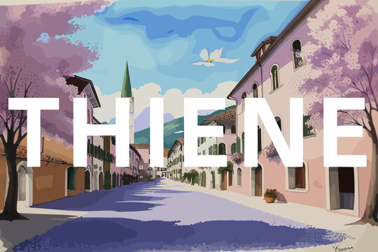 Thiene: Beautiful painting of an Italian village with the name Thiene in Veneto