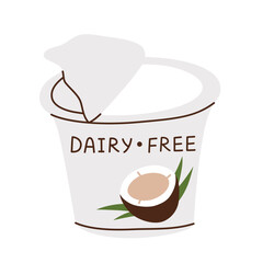 Dairy free yogurt cup, coconut based dessert icon, vector doodle illustration of healthy vegan snacks, probiotic-rich food to buy, isolated colored clipart on white background