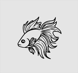 hand drawn design, cartoon tropical fish Betta splendens. Isolated vector illustration in linear style