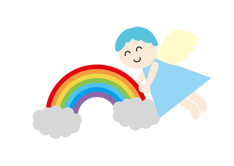 虹,レインボー,イラスト,子供,かわいい,ベクター,空,カラフル,雲,楽しい,青,挿絵,天使