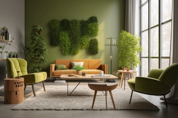 Eco chic mossy living room with modern furniture & spring decor. Generative AI