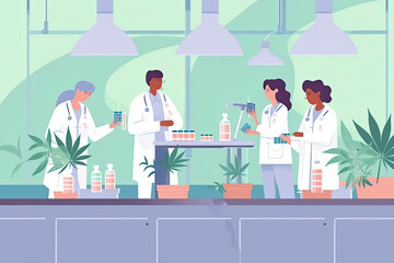 Diverse scientists working in lab. Testing medical marijuana buds, preparing medicine