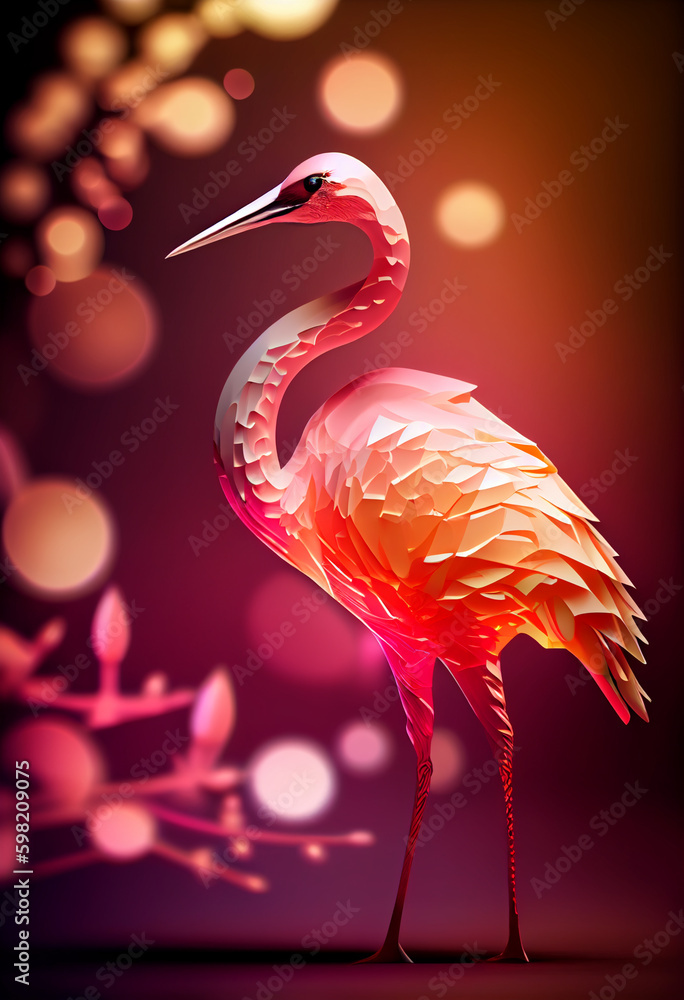 Poster Beautiful abstract bird Crane from smooth elegant transparent fabric concept, contemporary on bright bokeh background 3d pink and peach colors. Generative AI technology.

