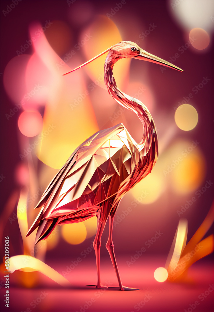 Aufkleber Beautiful abstract bird Crane from smooth elegant transparent fabric concept, contemporary on bright bokeh background 3d pink and peach colors. Generative AI technology.
