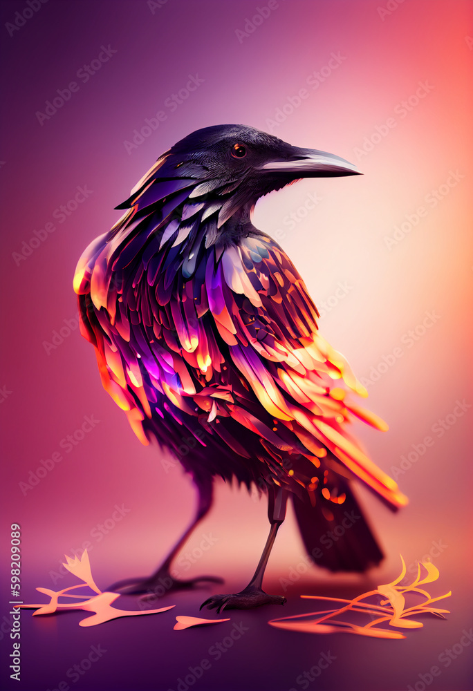 Poster Beautiful abstract bird Crow from smooth elegant transparent fabric concept, contemporary on bright bokeh background 3d pink and peach colors. Generative AI technology.
