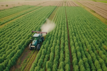 Drone shot of hemp farming with combine harvester. Industrial cannabis plantation
