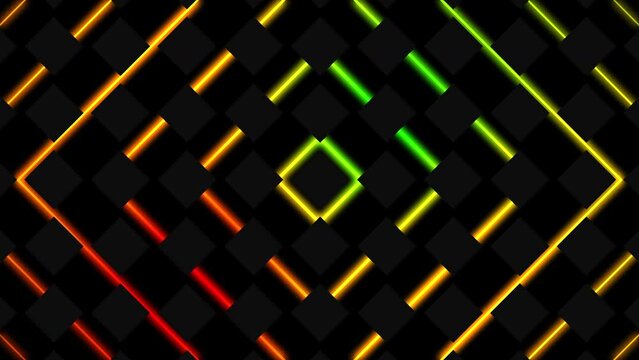 Black abstract backgrounds with colorful neon glowing lines seamless pattern motion graphics looping animation. 4K footage
