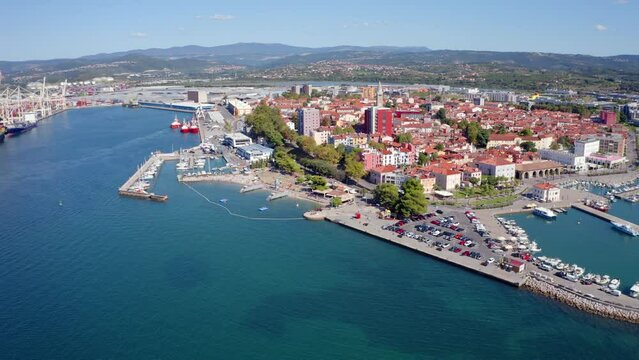 4K aerial - a bird's eye view&nbsp;video (Ultra High Definition) of  Koper port. Aerial outdoor scene of Adriatic coastline, Slovenia. Splendid Mediterranean seascape. Traveling concept background.