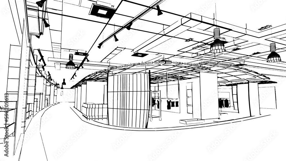 Poster department store hall space line drawing store page of products and services,3d rendering