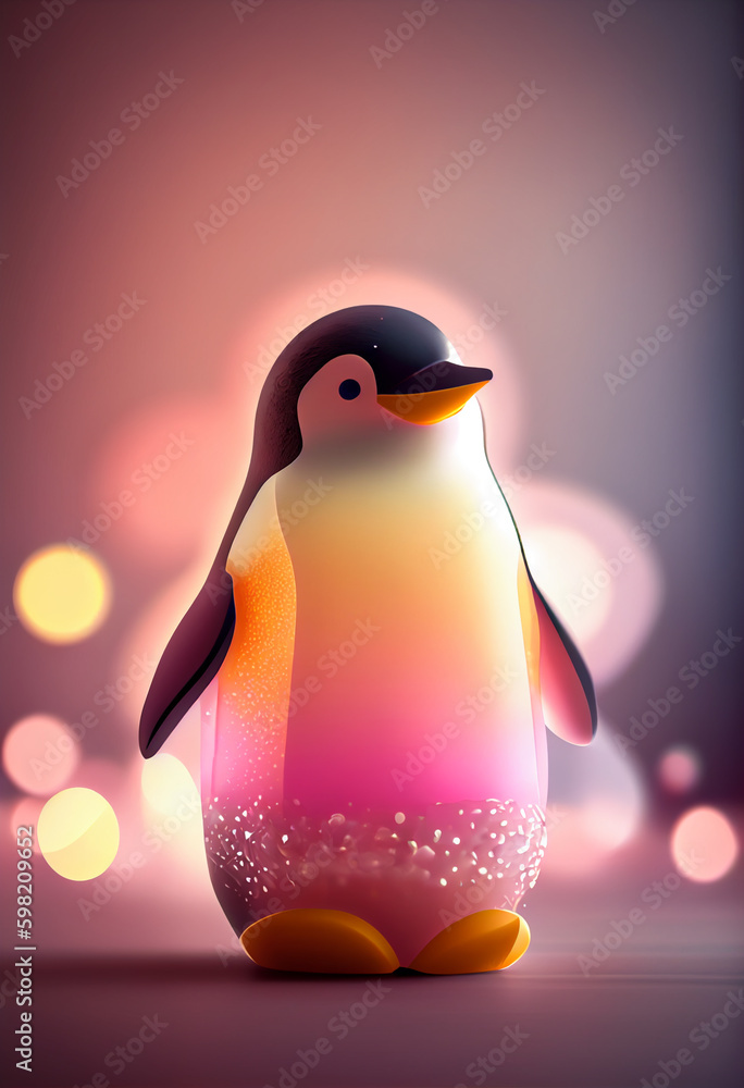 Poster Beautiful abstract bird Penguin from smooth elegant transparent fabric concept, contemporary on bright bokeh background 3d pink and peach colors. Generative AI technology.
