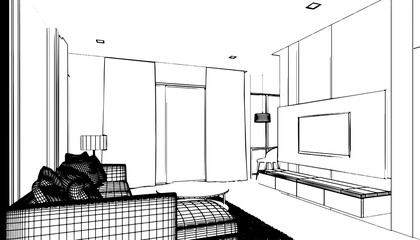 living area drawings in modern style,3d rendering