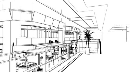 line drawing of the area of the department store hall, the food store section,3d rendering