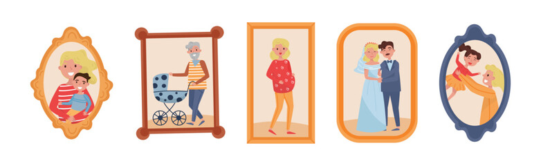 Family Portraits in Frames with Smiling Man and Woman Vector Set