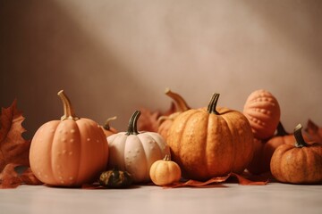 Modern autumn wallpaper featuring pumpkins on a cream backdrop. Generative AI