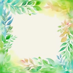 Fototapeta na wymiar Watercolor Greenery frame invitation with spring leaves background. Perfect for wedding, greeting cards, quotes, Birthday and your unique creation, Generative AI