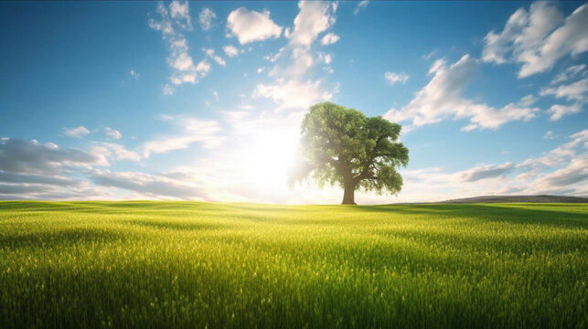Land scape image of Extensive lawn and blue sky, white clouds and the sun on the horizon, big tree. Generative Ai