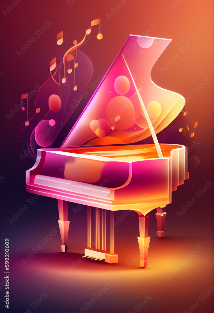 Poster beautiful abstract piano concept, contemporary on bright bokeh background 3d pink and peach colors. 