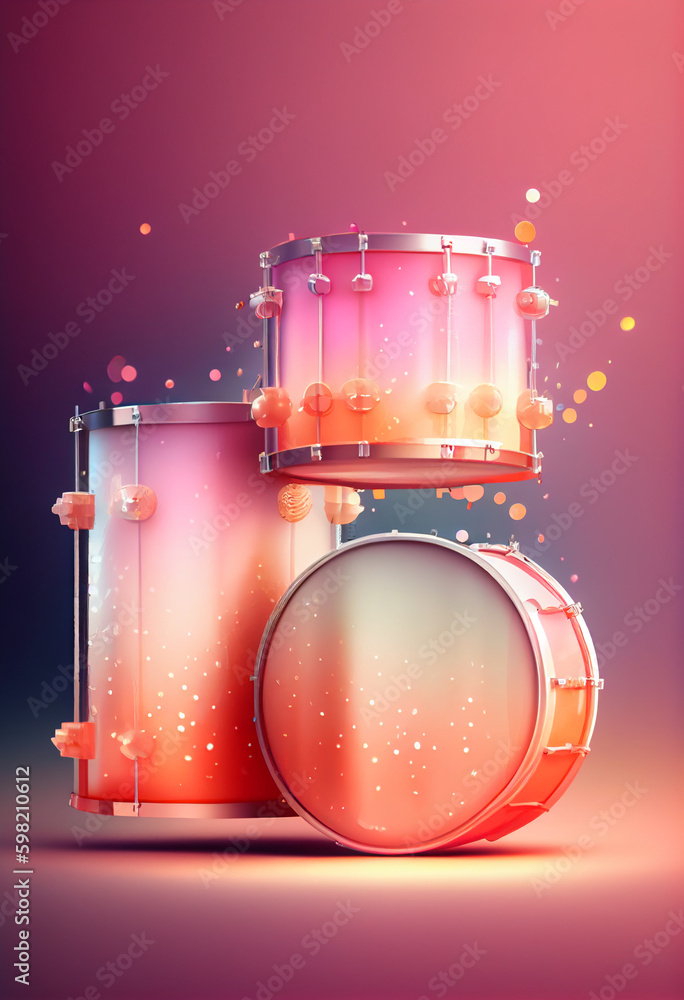 Poster beautiful abstract drums concept, contemporary on bright bokeh background 3d pink and peach colors. 