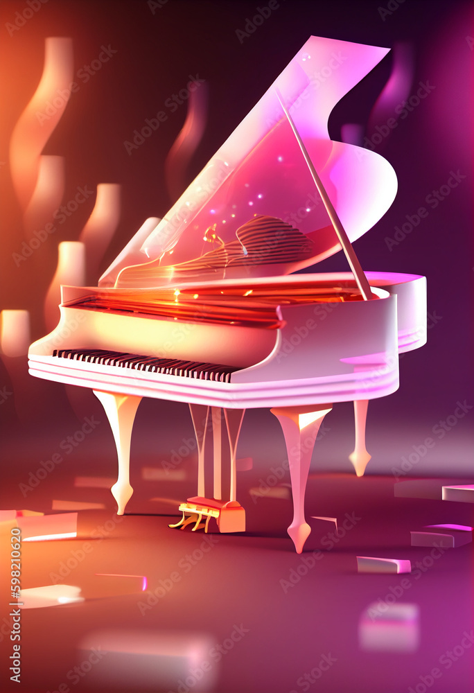 Poster beautiful abstract piano concept, contemporary on bright bokeh background 3d pink and peach colors. 
