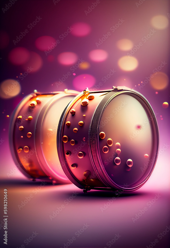 Poster beautiful abstract drums concept, contemporary on bright bokeh background 3d pink and peach colors. 