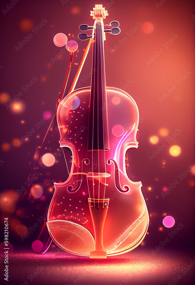 Poster beautiful abstract violin concept, contemporary on bright bokeh background 3d pink and peach colors.