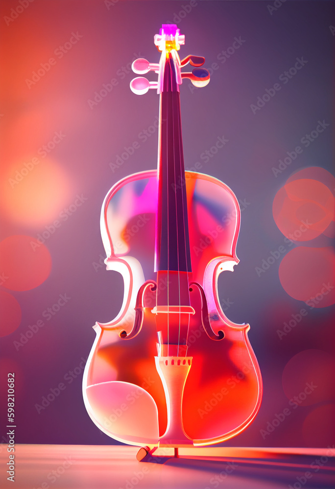 Poster beautiful abstract violin concept, contemporary on bright bokeh background 3d pink and peach colors.