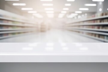 White Table with Supermarket on the background out focus, Food shelf, Ai Generative - obrazy, fototapety, plakaty
