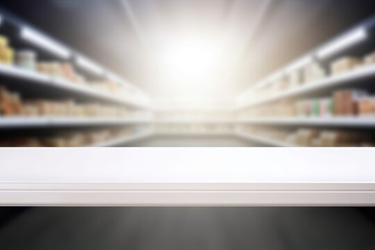 White Table with Supermarket on the background out focus, Food shelf, Ai Generative