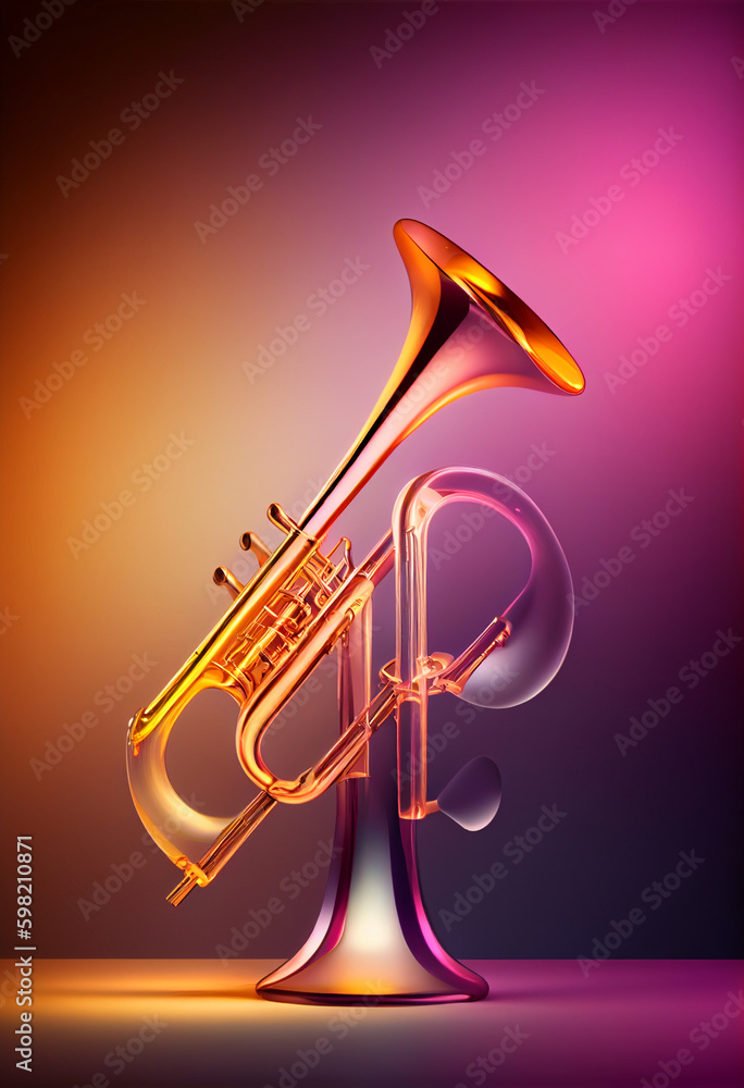 Poster beautiful abstract trombone concept, contemporary on bright bokeh background 3d pink and peach color