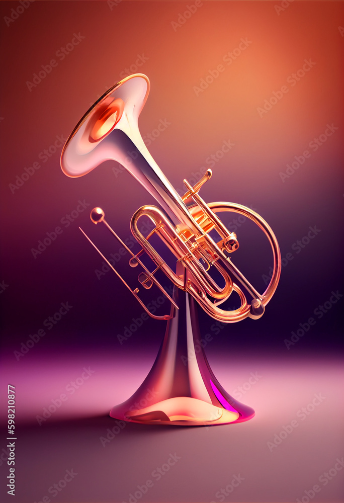 Poster beautiful abstract trombone concept, contemporary on bright bokeh background 3d pink and peach color