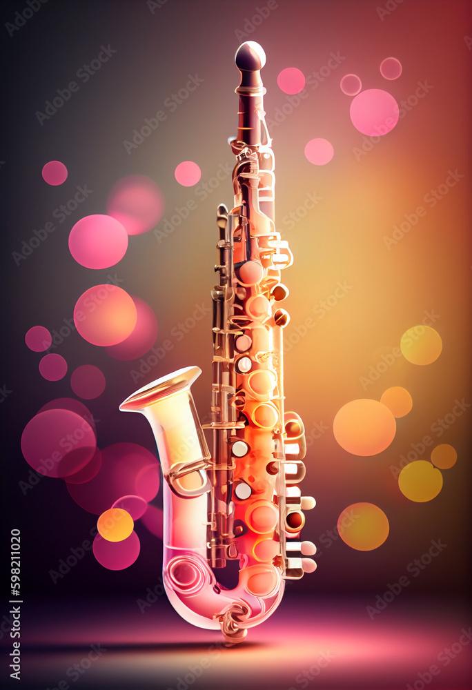 Poster beautiful abstract clarinet concept, contemporary on bright bokeh background 3d pink and peach color