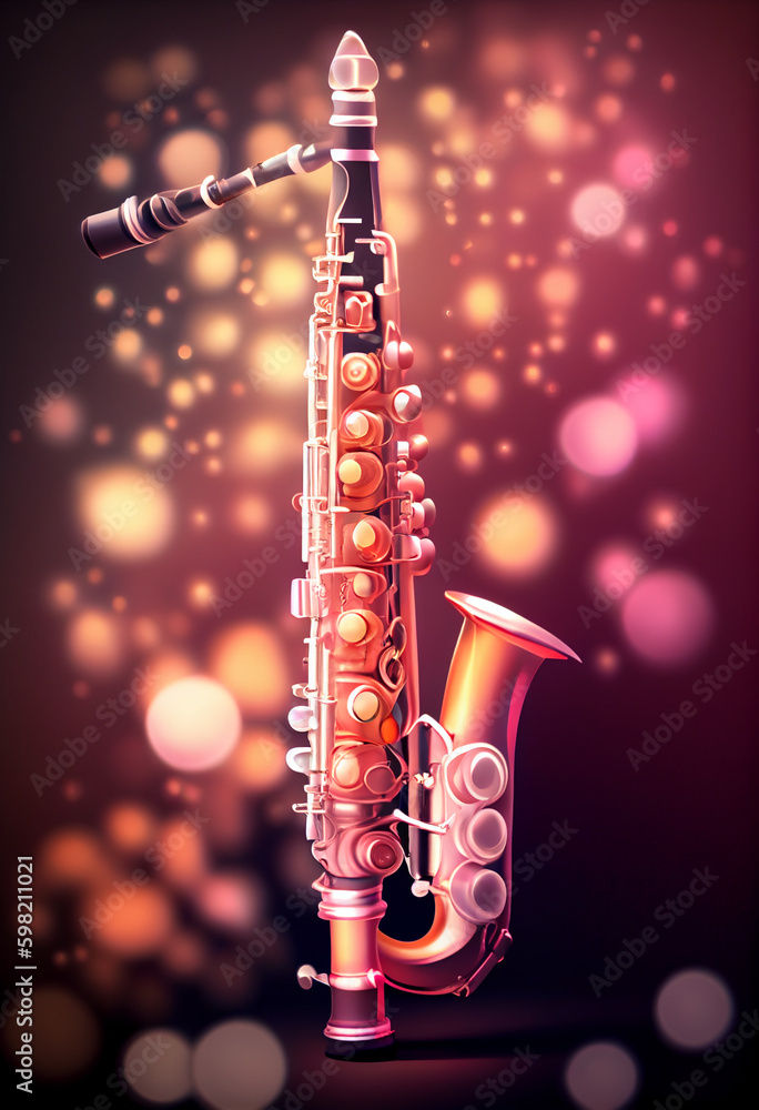 Poster beautiful abstract clarinet concept, contemporary on bright bokeh background 3d pink and peach color