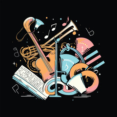 Vector music guitar and trumpet instruments illustration hand drawn