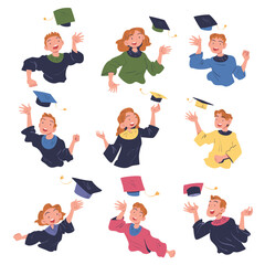 Joyful Graduate Characters Throwing Academic Cap Up in the Air Rejoicing and Celebrating Successful Exam Vector Set