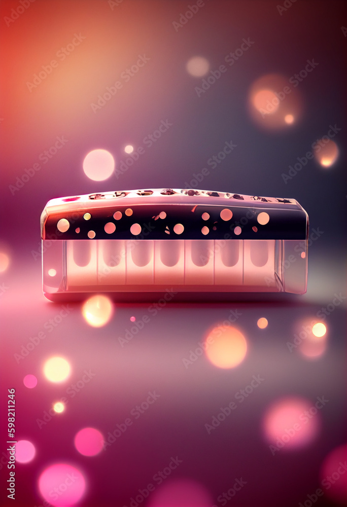 Poster beautiful abstract harmonica concept, contemporary on bright bokeh background 3d pink and peach colo