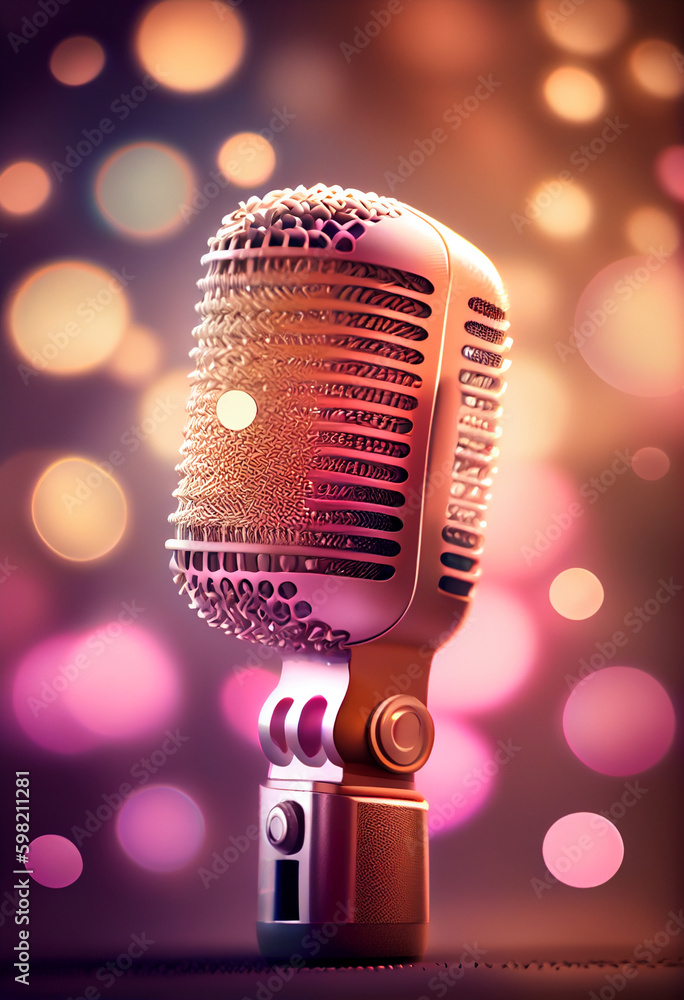 Poster beautiful abstract microphone concept, contemporary on bright bokeh background 3d pink and peach col