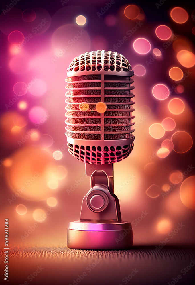Poster beautiful abstract microphone concept, contemporary on bright bokeh background 3d pink and peach col