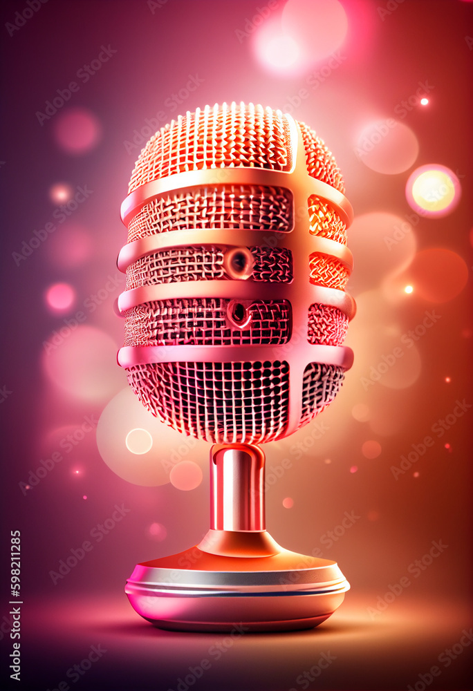 Aufkleber beautiful abstract microphone concept, contemporary on bright bokeh background 3d pink and peach col