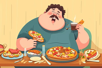 Fat man enjoy with a lot of fast food on the table